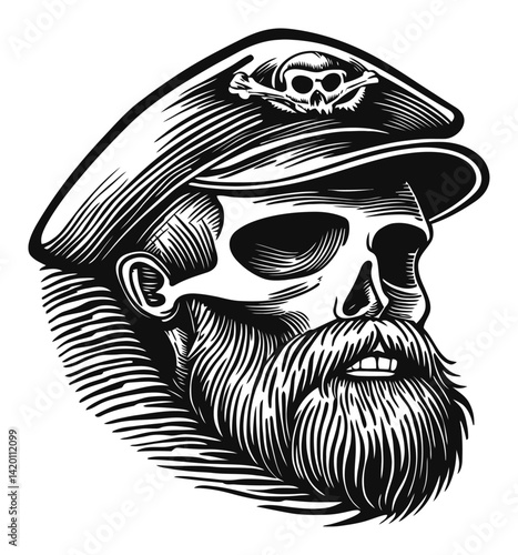 Detailed Woodcut Style Skull Captain with Hat and Beard Illustration