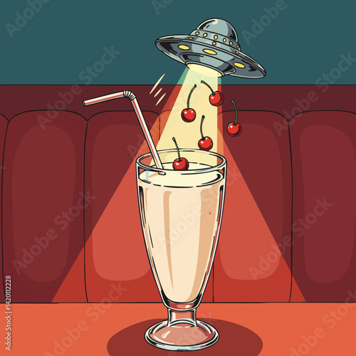 Outline of a diner milkshake glass with a UFO straw beaming up cherries