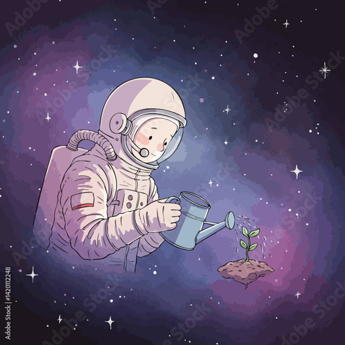 Outline of a космонавт in a CCCP helmet, watering a tiny plant floating in space — gentle space dream. 2