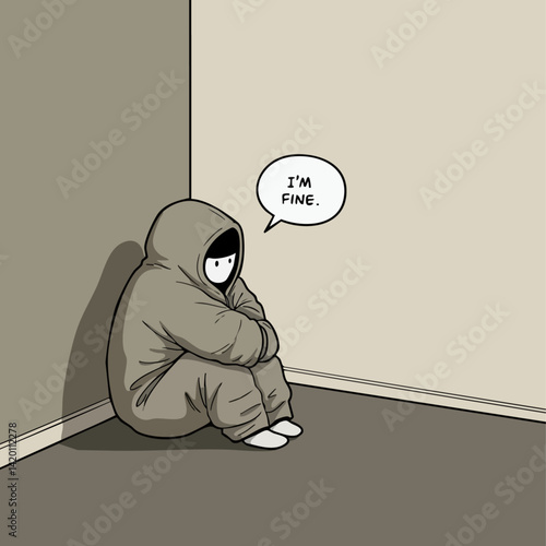 A small figure wrapped in a hoodie sitting in the corner of an empty room, with a tiny speech bubble saying ‘I’m fine’ 