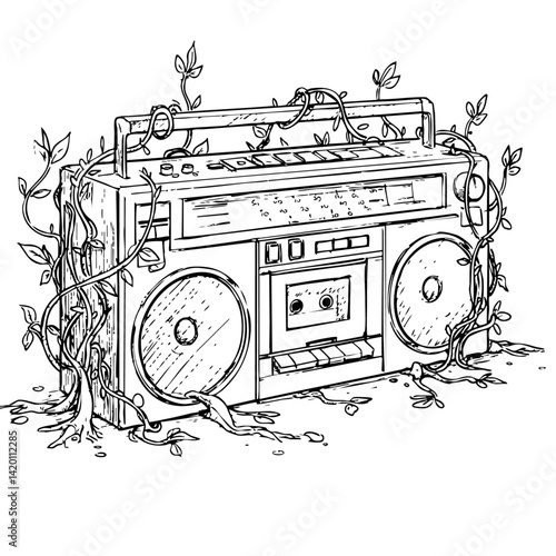 Sketch-style line art of a boom box with vines wrapped around it, nature vs technology.