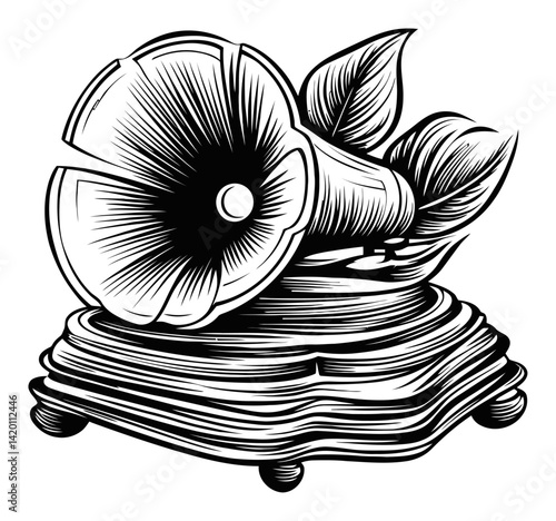 Vintage Gramophone Woodcut Engraving with Decorative Leaves Design