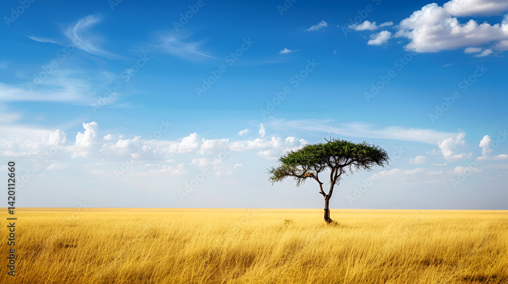 Lone tree stands in a golden field under a bright blue sky with scattered white clouds above it all . Lone tree stands in a golden field under a bright blue sky with scattered white clouds above it all .