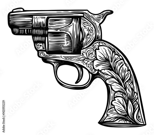 Vintage Woodcut Engraving of Ornate Revolver Handgun Design