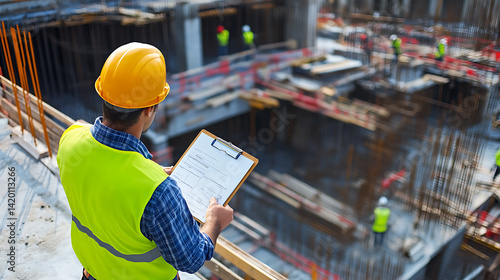 Construction foreman inspecting work progress. Featuring leadership and oversight
