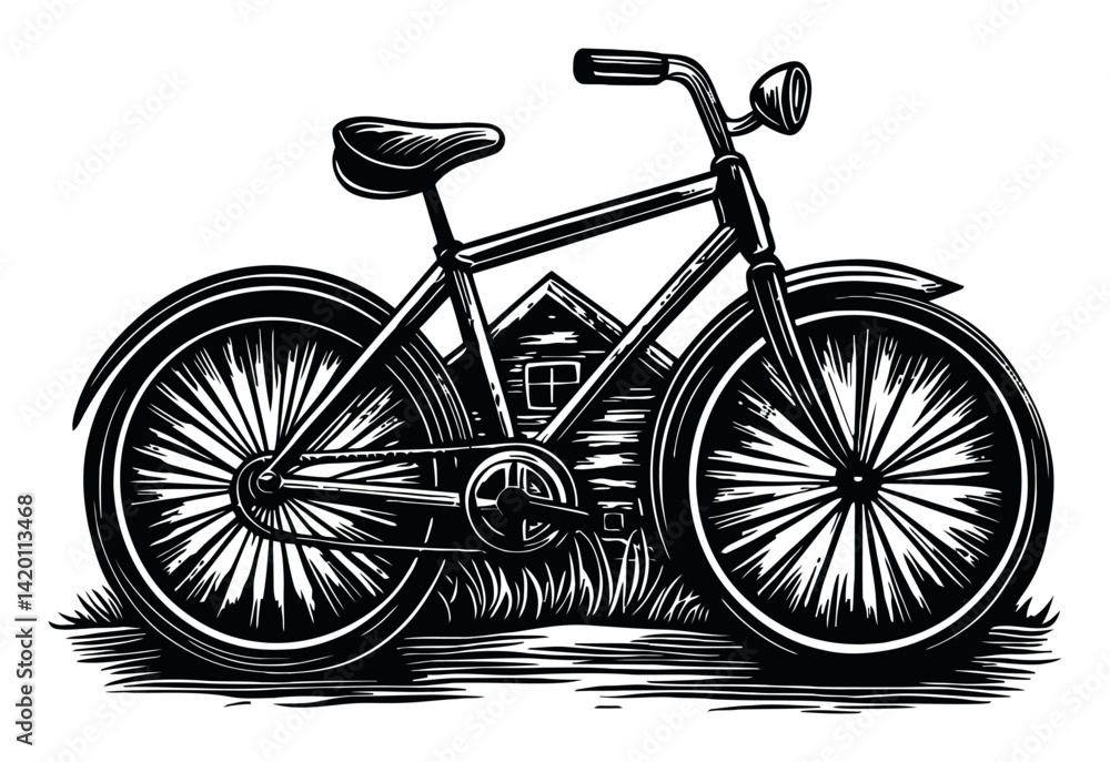 Fototapeta premium Vintage Bicycle Illustration in Woodcut Style with Barn Background