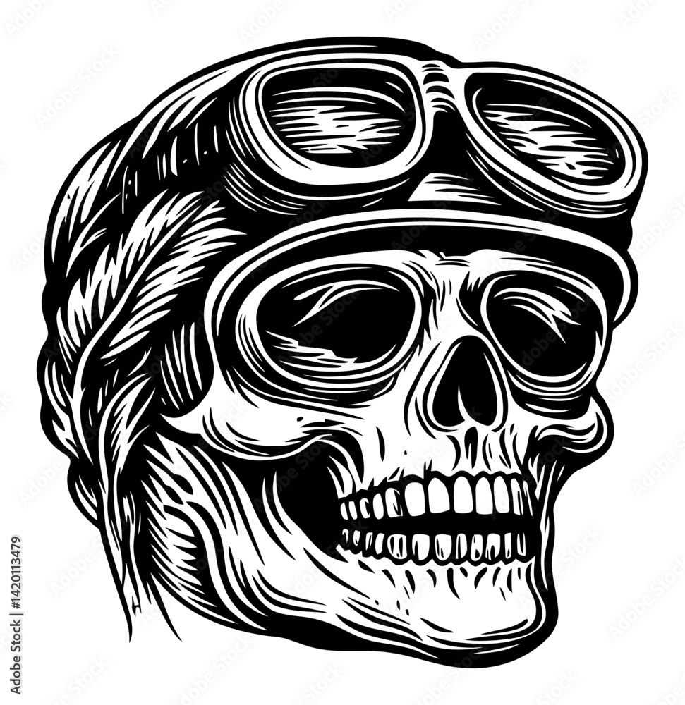 Fototapeta premium Vintage Aviator Skull Design with Goggles and Detailed Hair Braids