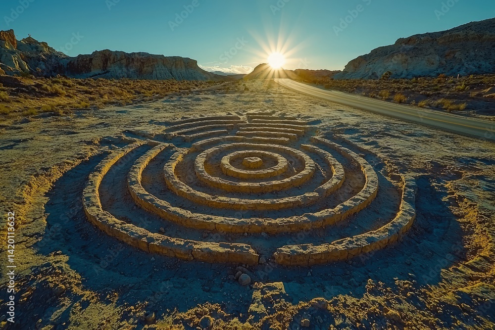Labyrinth on sandy ground with sunburst in background landscape. Labyrinth on sandy ground with sunburst in background landscape.