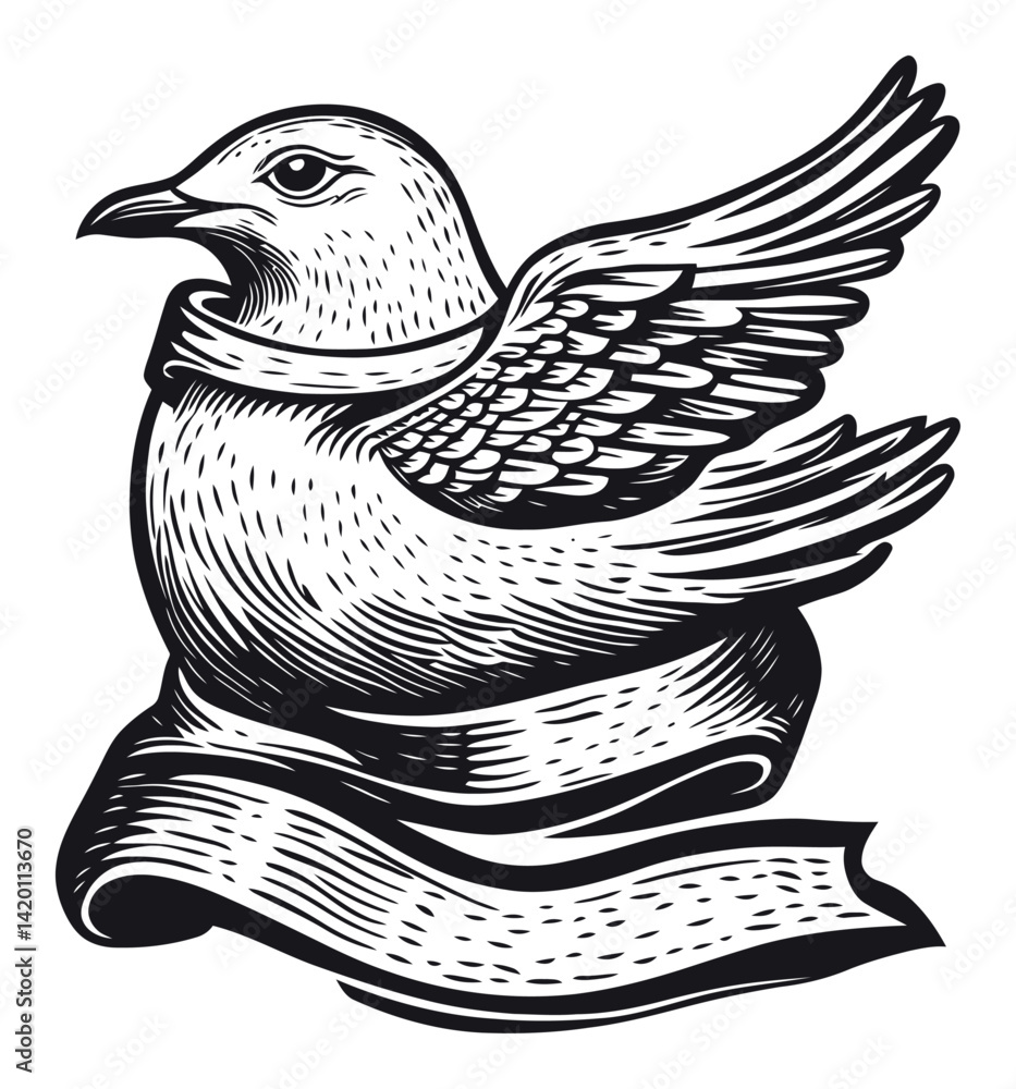 Obraz premium Hand-Drawn Bird Illustration in Vintage Woodcut Style with Banner