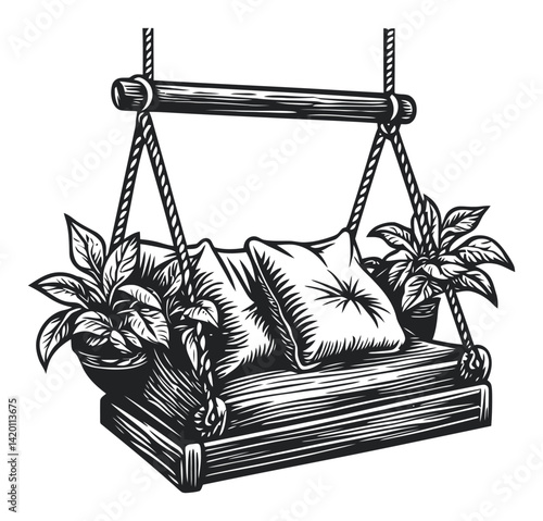 Hand-Drawn Wooden Swing with Cushions and Potted Plants Design