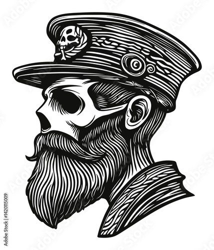 Engraved Skull Portrait in Military Cap with Intricate Details