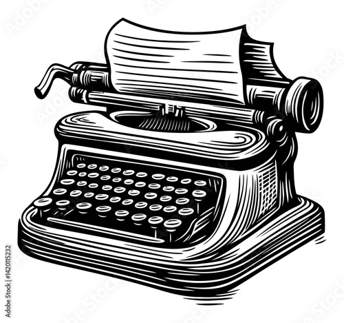 Vintage Typewriter Woodcut Engraving in Classic Drawing Style
