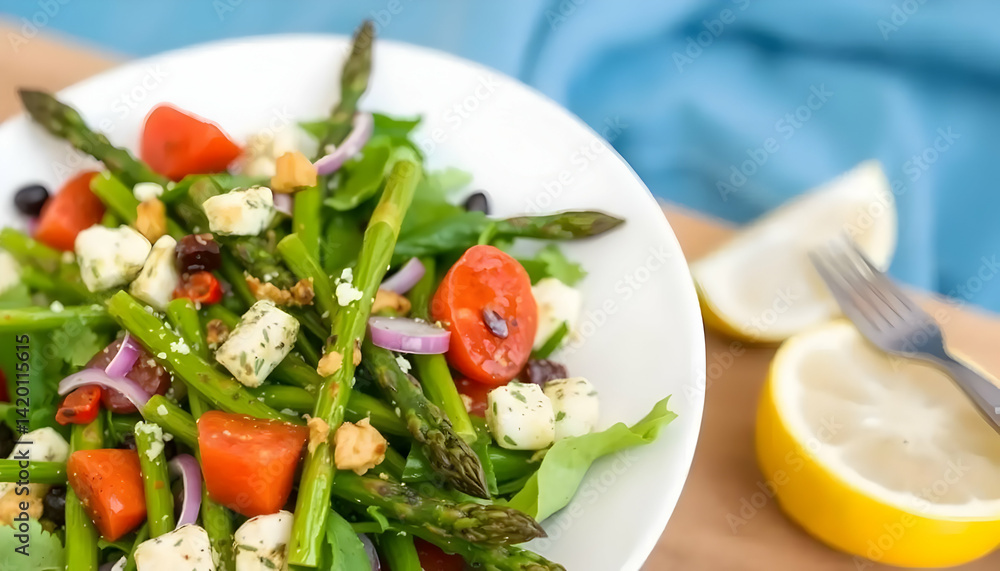 Fresh Green Salad with Asparagus Cherry Tomatoes Feta and Lemon on Blue Tablecloth Fresh Green Salad with Asparagus Cherry Tomatoes Feta and Lemon on Blue Tablecloth