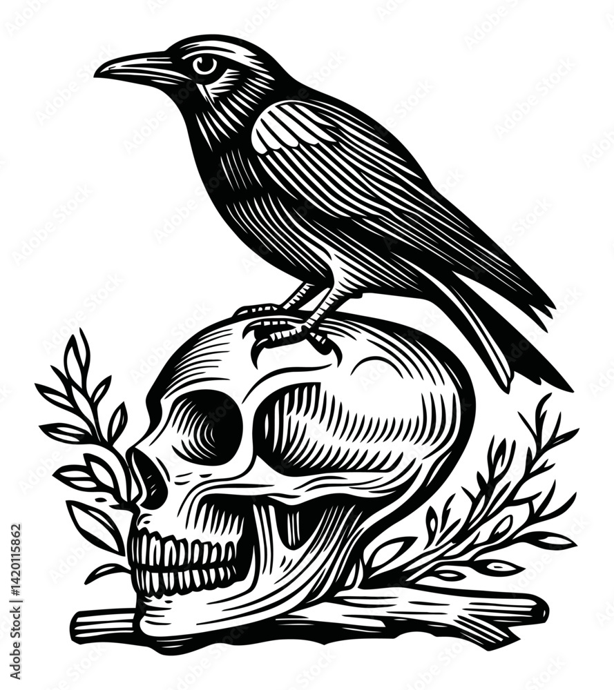 Naklejka premium Black Bird on Skull with Leaves in Woodcut Engraving Style