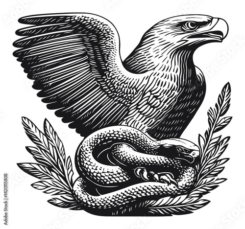 Eagle and Serpent Woodcut Engraving with Detailed Intricate Design