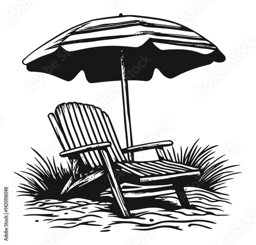 Relaxing Beach Chair Under Umbrella in Black and White Woodcut Style