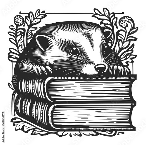 Hand-drawn Badger Illustration on Stack of Vintage Books