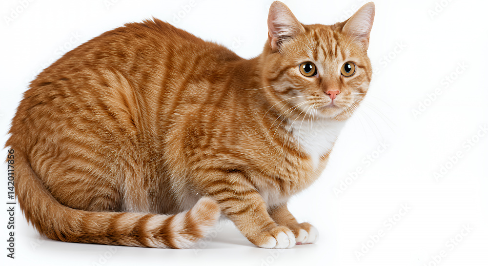 Fototapeta premium Adorable Ginger Tabby Cat Sitting Domestic Short Hair Pet Animal White Background