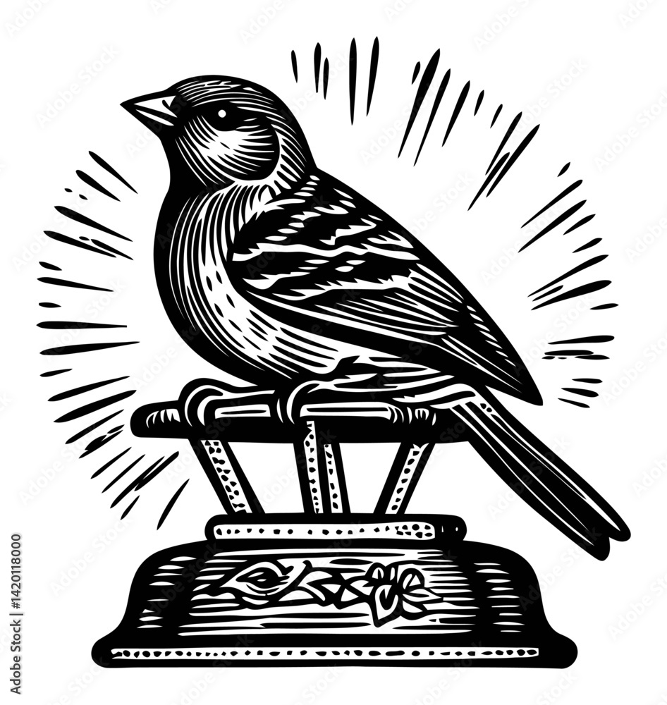 Naklejka premium Vintage Bird Illustration with Radiant Background Woodcut Design