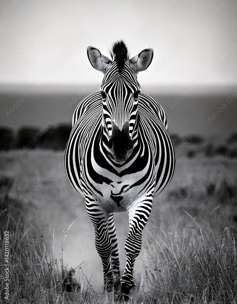 Fototapeta premium Fotografía en blanco y negro de un León enojado corriendo hacia la cámara, toma de cuerpo entero, realista, hiperrealista al estilo de un artista fotorrealista.