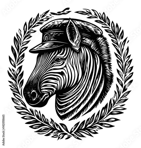 Detailed Black and White Woodcut of a Zebra in a Laurel Frame