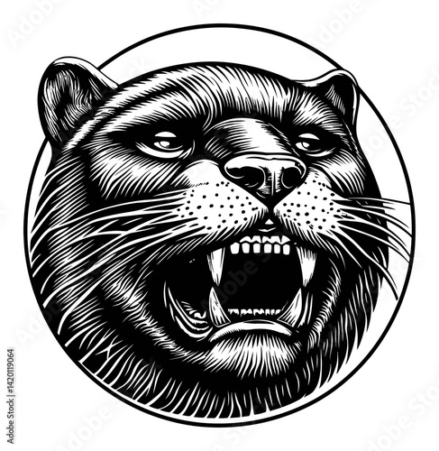 Detailed Black and White Illustration of Fierce Animal Head