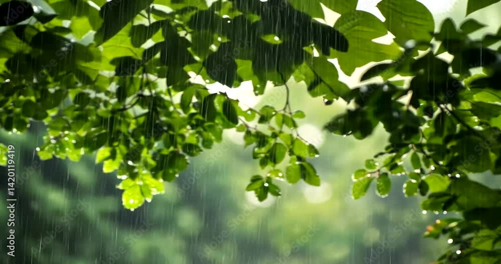 Raindrops falling through lush green leaves in nature Raindrops falling through lush green leaves in nature