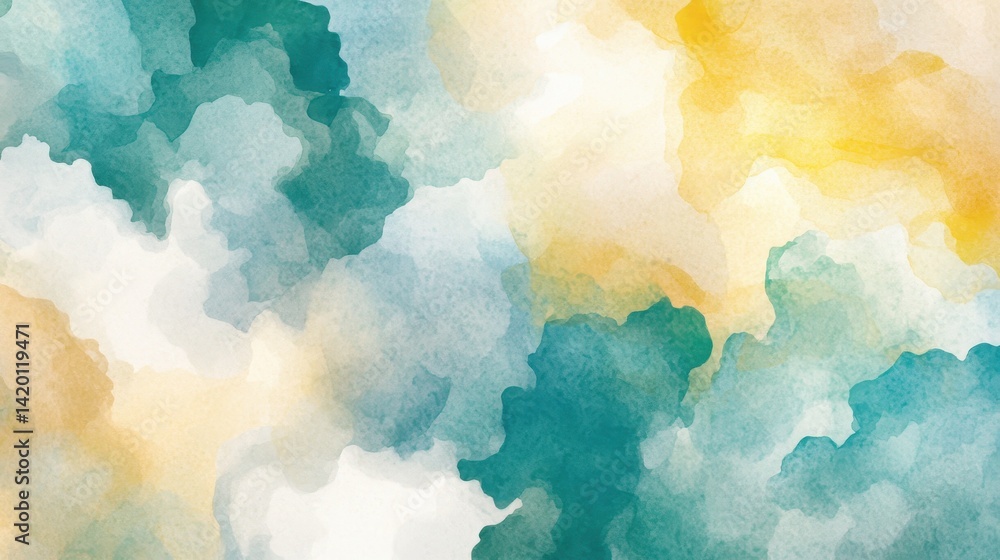 Obraz premium Watercolor sky with a blend of golden sun and teal clouds
