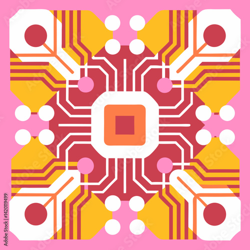 A vibrant circuit board pattern celebrating technological innovation with bold geometric shapes and a playful color palette.