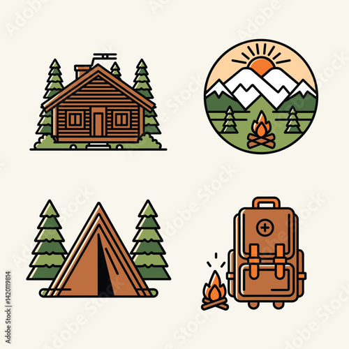 Camping Adventure Vector Set – Cabin, Tent, Backpack & Mountain Icons