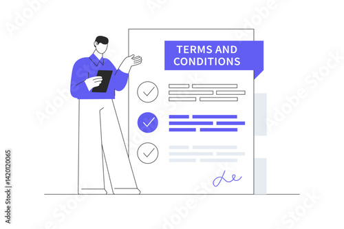Contract, electronic agreement online, Character gets acquainted with the legal document. Reads and signs the terms of the contract. Flat Cartoon Vector Illustration, icon. Stylish abstract design 