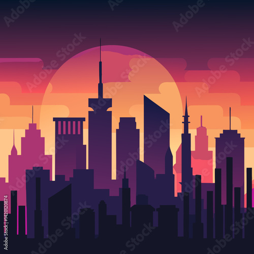 City skyline at sunset, a vibrant urban dreamscape with bold silhouettes and warm color gradients.