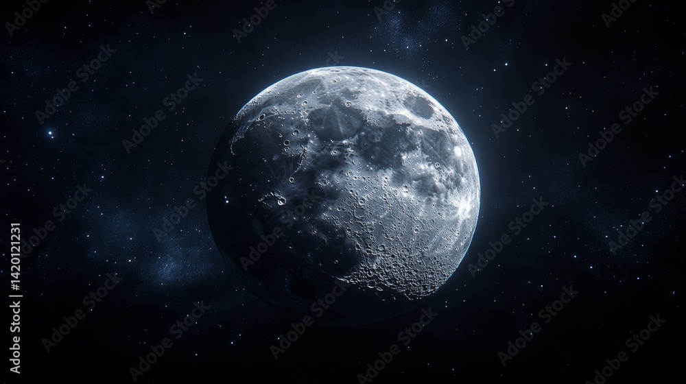 At night, the dark blue sky is filled with tiny stars and features a detailed view of the moon, complete with its craters At night, the dark blue sky is filled with tiny stars and features a detailed view of the moon, complete with its craters