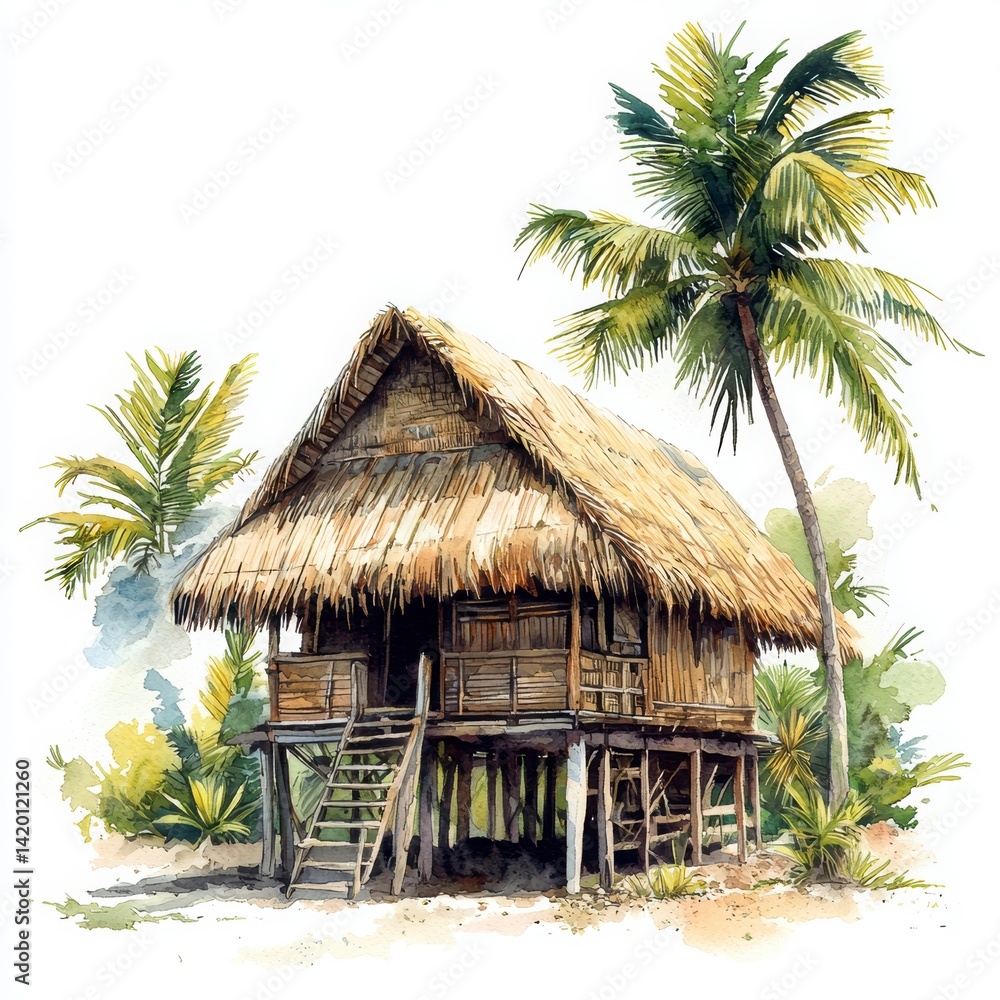 Traditional Bamboo House Surrounded by Lush Palm Trees in Nature Traditional Bamboo House Surrounded by Lush Palm Trees in Nature