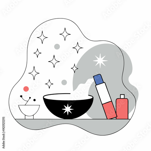 Unveiling radiant beauty secrets: a magical potion mixes with glowing serums under a starry night sky, minimalist line art design.