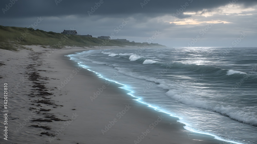 Ethereal Coastline at Dusk with Bioluminescent Waves and Moody Sky Reflecting on Shoreline Beauty. Ethereal Coastline at Dusk with Bioluminescent Waves and Moody Sky Reflecting on Shoreline Beauty.
