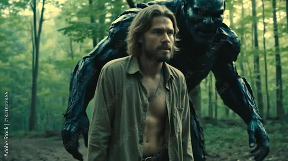 Man in jungle, alien attack Man in jungle, alien attack