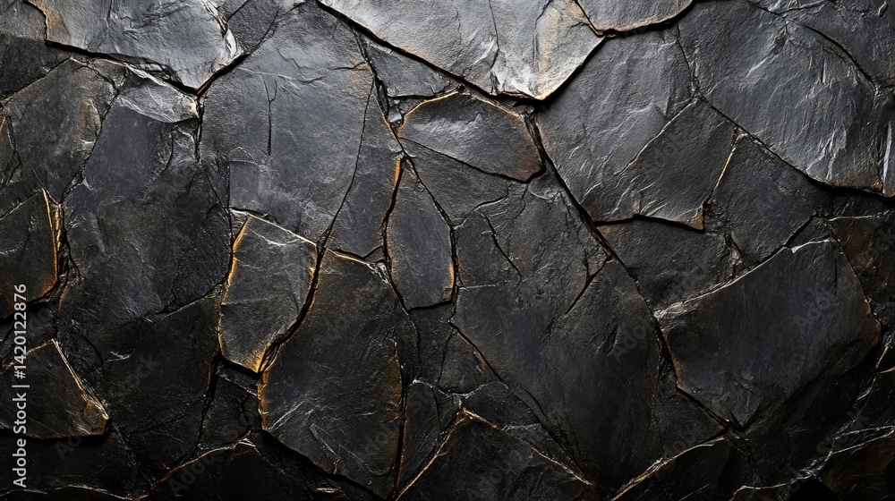 The surface of a dark gray stone wall is revealed in a close-up view, showcasing its rough texture and prominent cracks and crevices The surface of a dark gray stone wall is revealed in a close-up view, showcasing its rough texture and prominent cracks and crevices