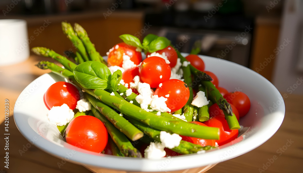 Fresh Salad With Cherry Tomatoes Asparagus And Feta Cheese On A Bright Kitchen Table Fresh Salad With Cherry Tomatoes Asparagus And Feta Cheese On A Bright Kitchen Table
