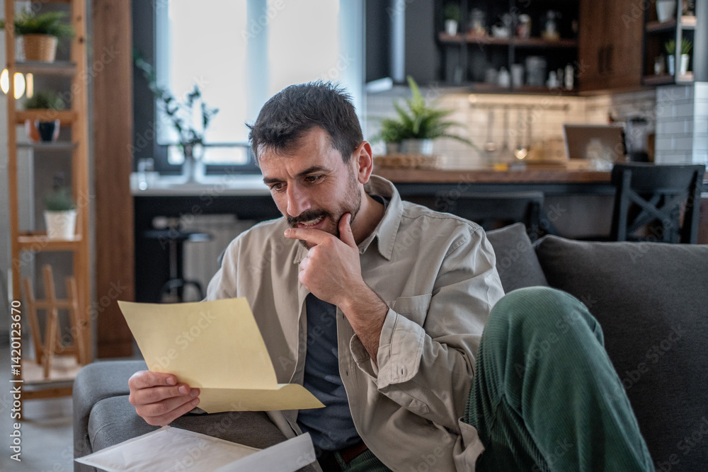 Obraz premium Pensive man reading important documents on sofa at home