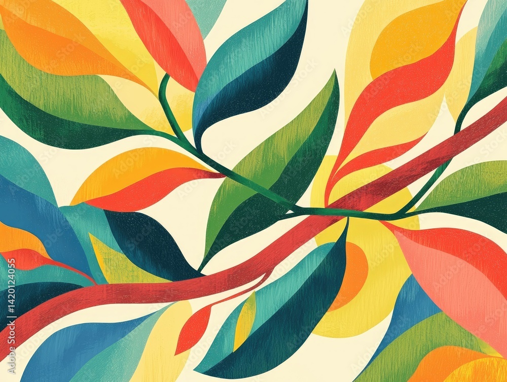 Obraz premium Artistic Leaves: An artistic depiction of leaves on a branch, celebrating the beauty of nature with vibrant colors and a minimalist aesthetic.