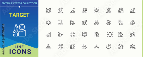 Target icon set in linear style. Pack of success, win, achieve and more. Goals vector icon set. Vector icons collection. Editable vector illustration.