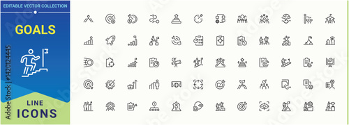 Goals icon set. Contains related to achieve, target, achievement, grow, business and more. Strategy related icon set. Isolated icons. Editable vector art.