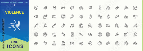 Violence icon pack. Harassment vector icon set. Thin web icons. It contains symbols to abuse, aggression, harassment, discrimination, bully, hate and more. Crime minimalist icons collection.