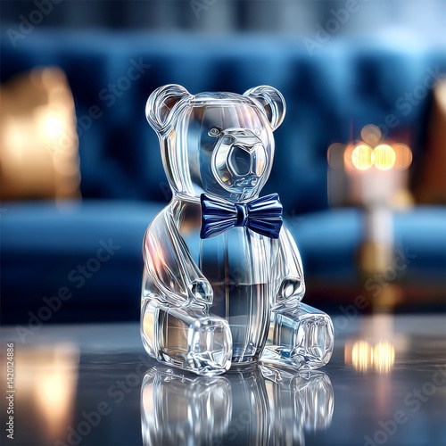 Elegant Crystal Teddy Bear with Bowtie Sitting on Reflective Surface in Soft Ambient Light