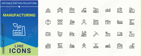 Manufacturing linear icon set. Includes thin line symbols conveyor, manufacture, industry and more. Factory linear icon set. Minimal thin line web icons set. Editable stroke.
