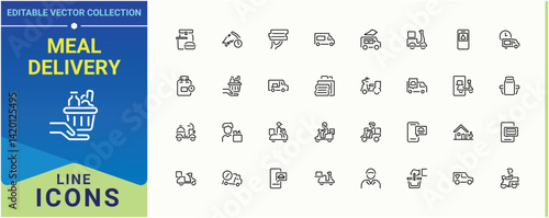 Meal Delivery line icon set. Includes thin line symbols order, food, delivery, courier and more. Food Delivery icon set. Minimalist icons pack. Editable stroke. Pixel Perfect.