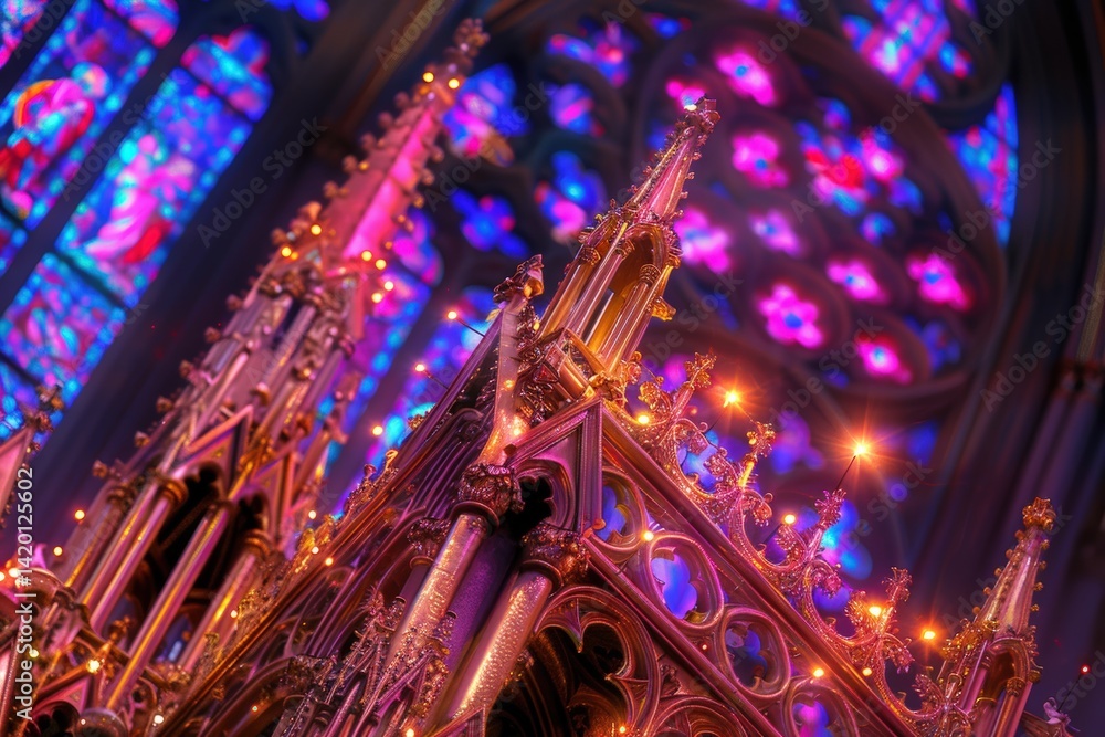 Obraz premium Gothic architecture detail historic cathedral stained glass art sacred environment close-up view spiritual concept