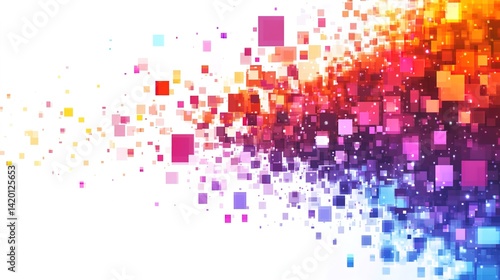The theme is digital abstract art. This artwork features colorful square elements on a white background, ideal for graphic design, website aesthetics, or digital media. 