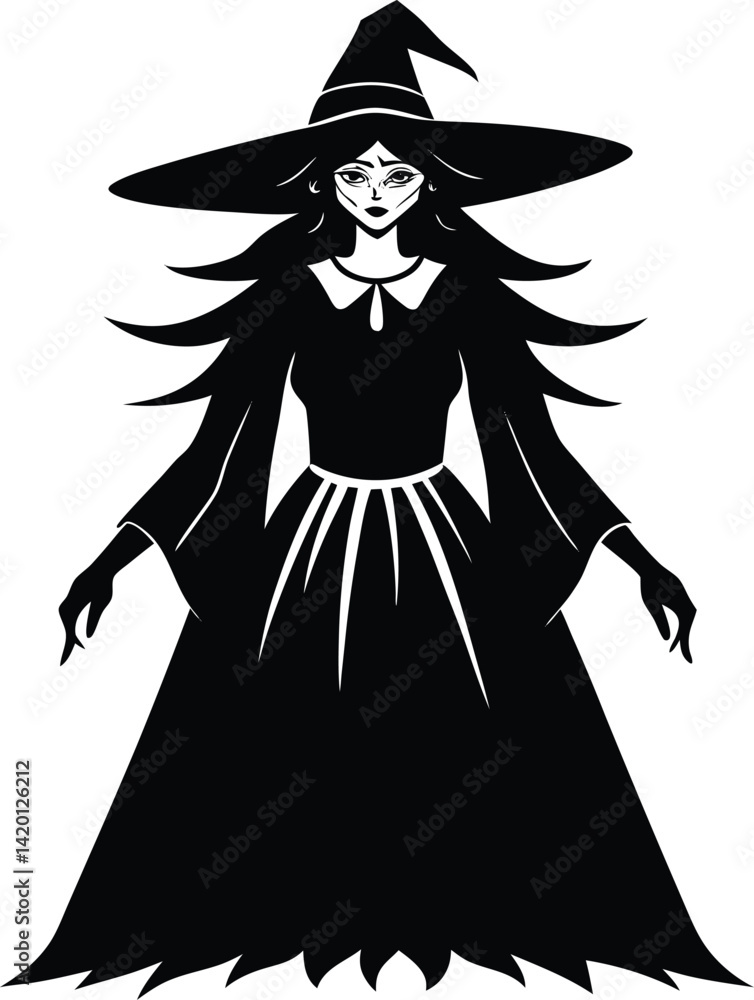 Silhouette of a Witch Figure with Hat in a Mysterious Pose Silhouette of a Witch Figure with Hat in a Mysterious Pose